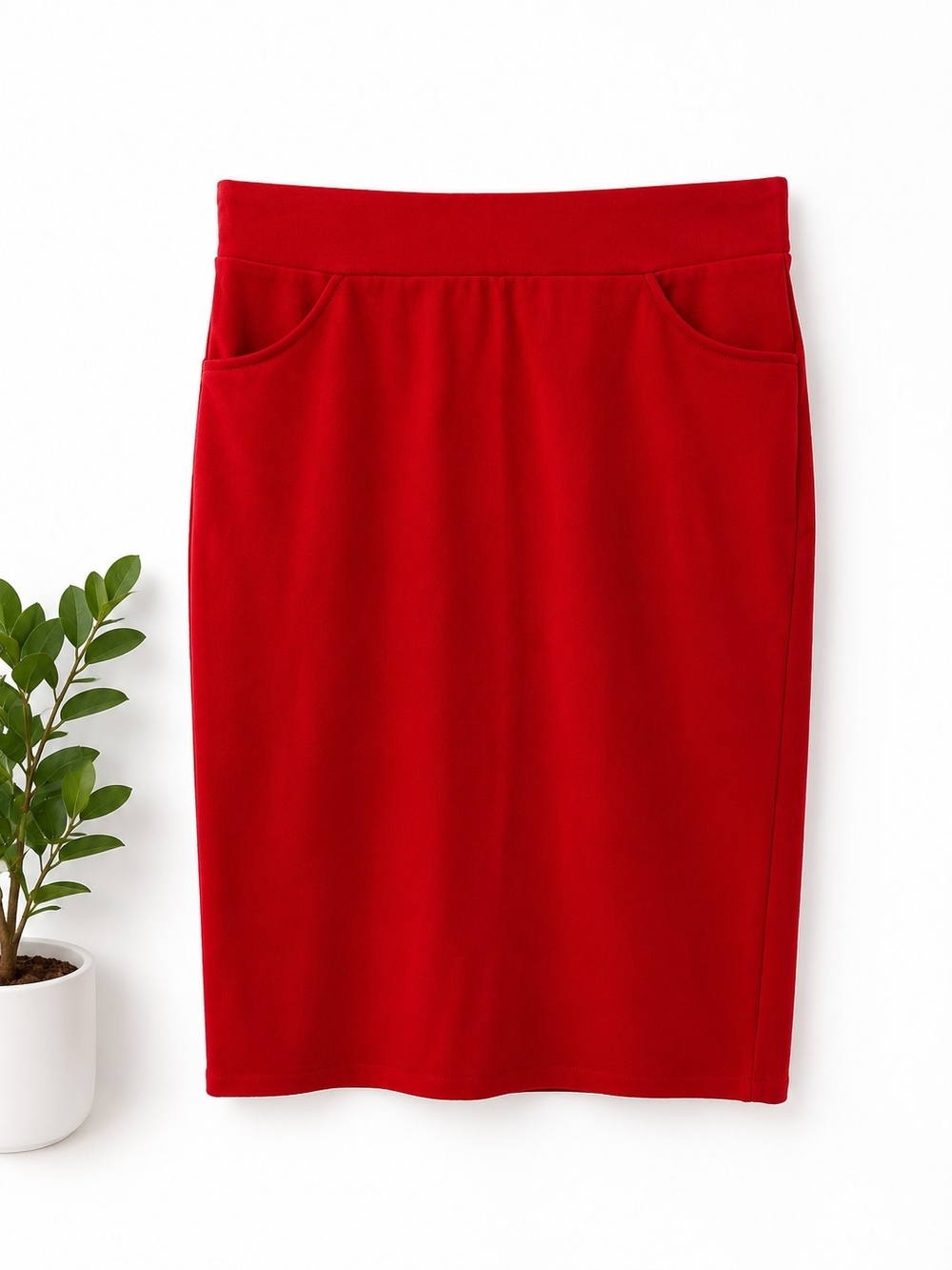 Women's Red Midi Pencil Skirt - Classic High-Waist Style - Picture 2 of 3